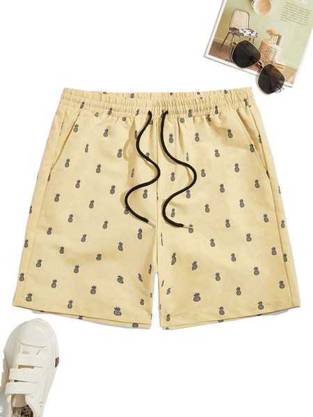 

men pineapple print drawstring waist shorts r64c#, White;black