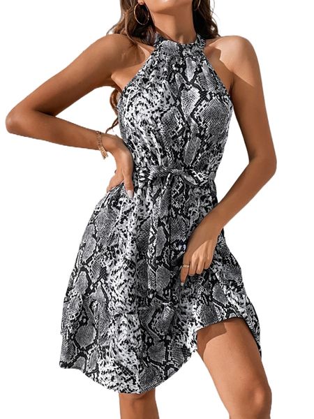 

snakeskin print ruffle hem belted halter dress 923w#, Black;gray