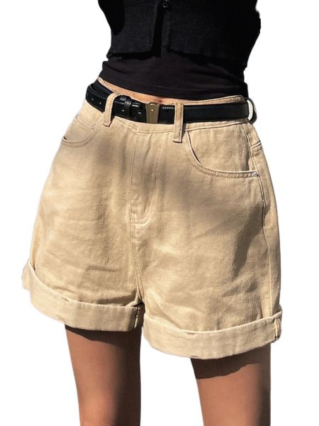 

dazy high waist roll hem denim shorts without belt 43i5#, White;black