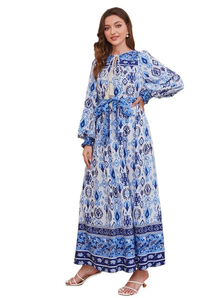 

1pc floral print tassel tie neck lantern sleeve belted dress f5g3#, Black;gray