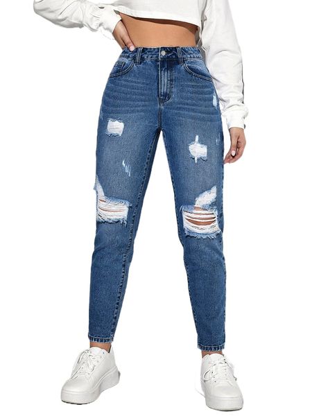

high waist ripped mom fit jeans e5pg#, Blue