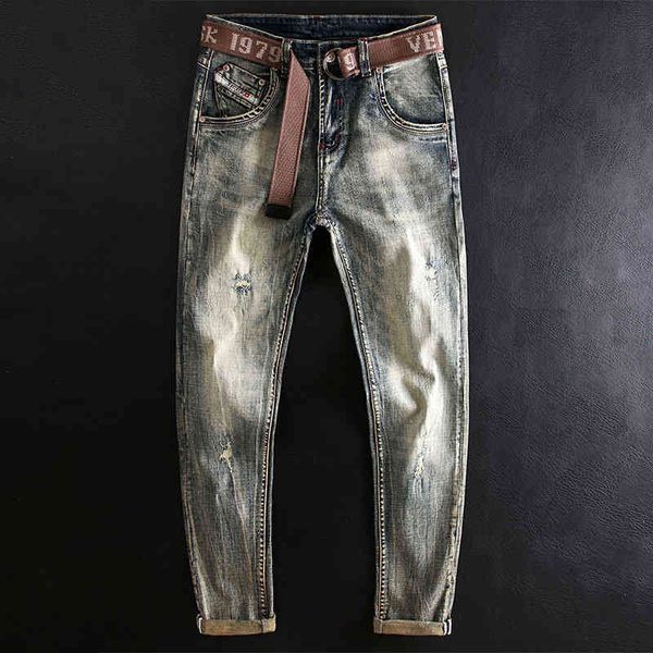 

men's jeans italian fashion tattered jeans men's slim fit small straight elastic washed and buffed versatile trend pants uyos, Blue