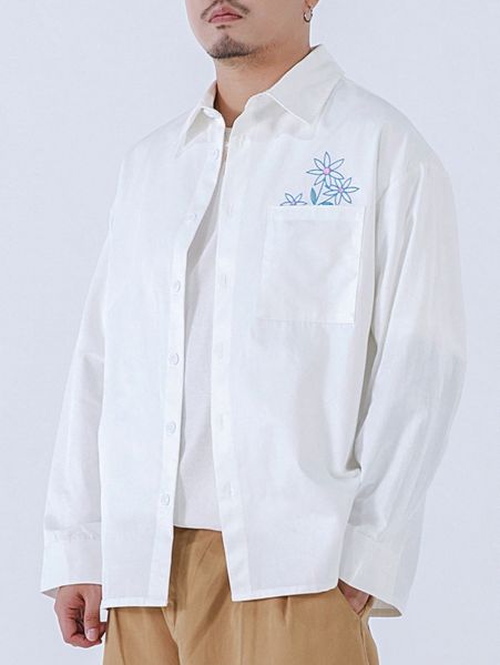 

extended sizes men floral embroidery drop shoulder patch pocket shirt i03v#, White;black
