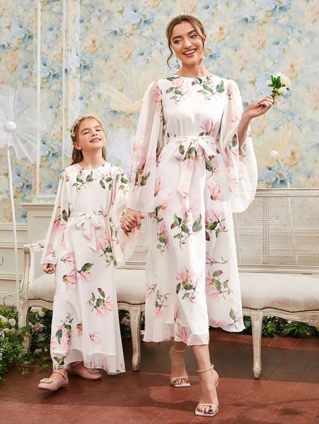 

1pc floral print belted flounce sleeve dress h4jb#, Black;gray