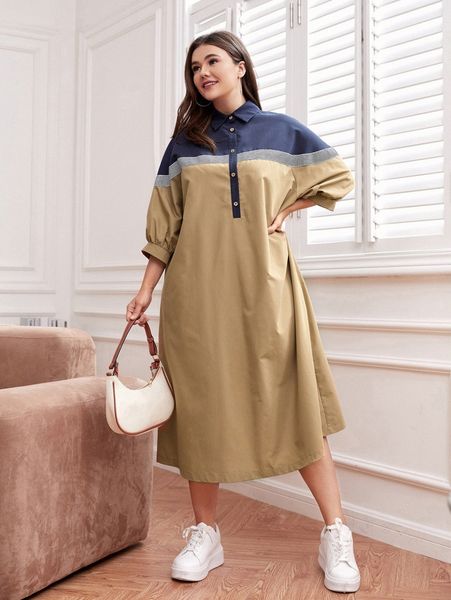 

plus cut and sew button half placket batwing sleeve dress x1hv#, Black