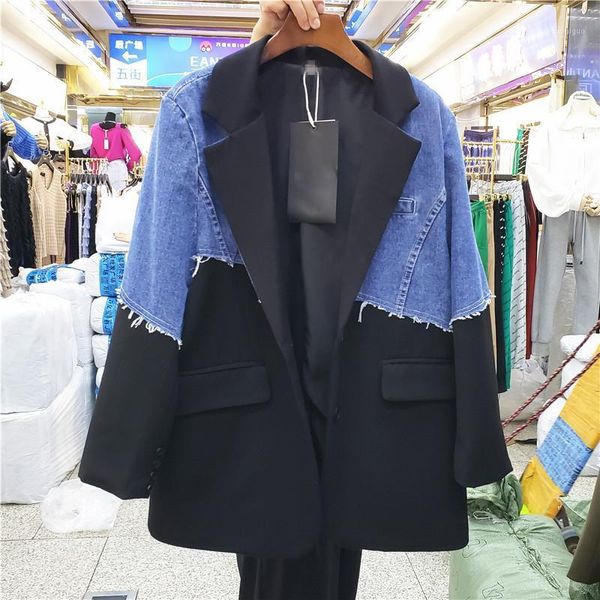 Kadın Takım Elbise Blazer [EWQ] Denim Dikiş Tasarım Trendy Kadın Giyim Trendi Ceket Feminino Patchwork Streetwear Gevşek Siyah Takım Elbise 2022 Au