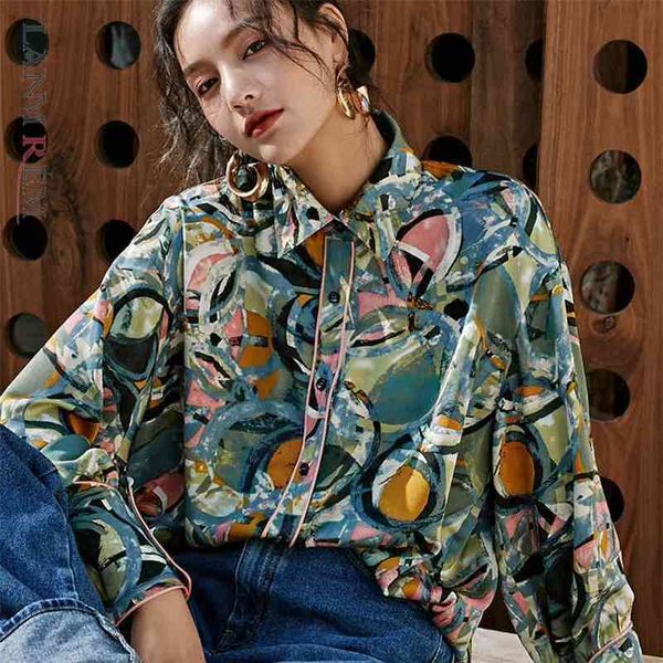 

lanmrem spring and summer turndown collar full sleeves single breasted printed wide big size blouse female shirt wl060 210401, White