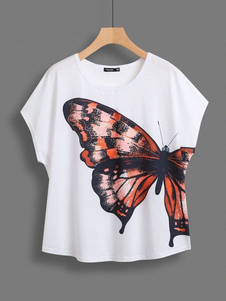 

plus butterfly print batwing sleeve tee x61r#, Black