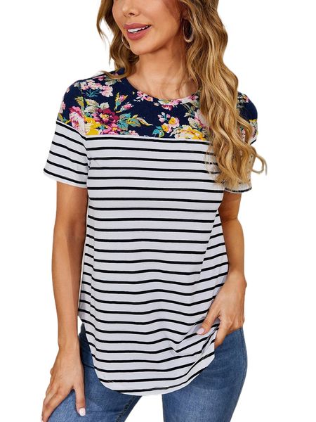 

striped & floral print curved hem tee t7hq#, White