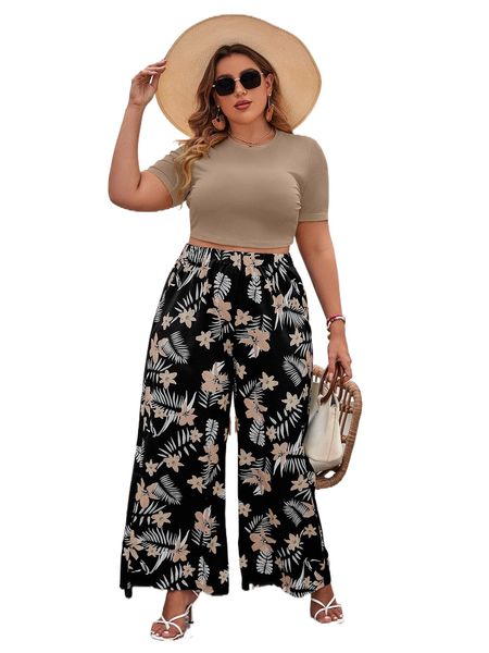 

plus solid crop & tropical print wide leg pants b0i2#, Black