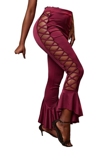 

sxy cut out crisscross side flounce hem pants v0iy#, Black;white