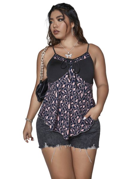 

plus leopard print knot front cami d6gz#, Black