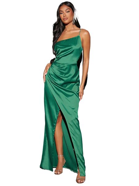 

one shoulder wrap ruched split thigh dress d2gg#, Black;gray