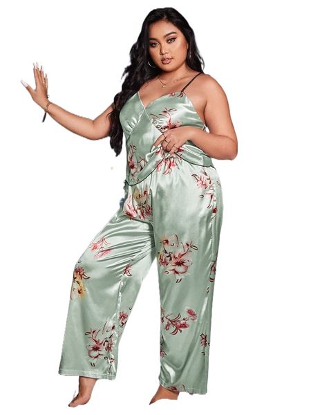 

plus floral print satin cami pj set 03q5#, Black;white