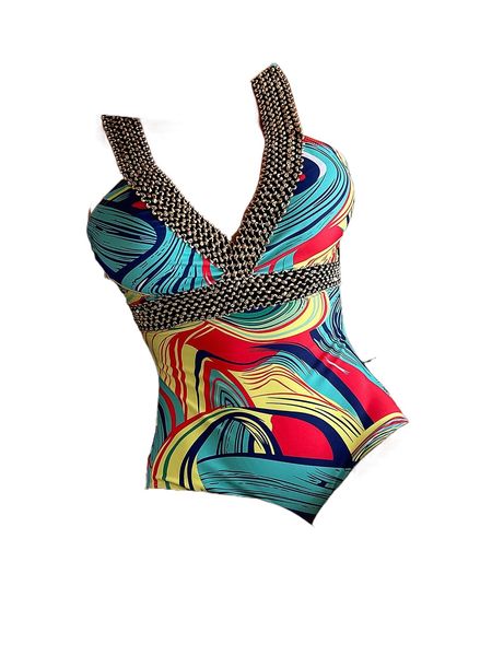 

allover print stitch detail one piece swimsuit l5oe#, White;black