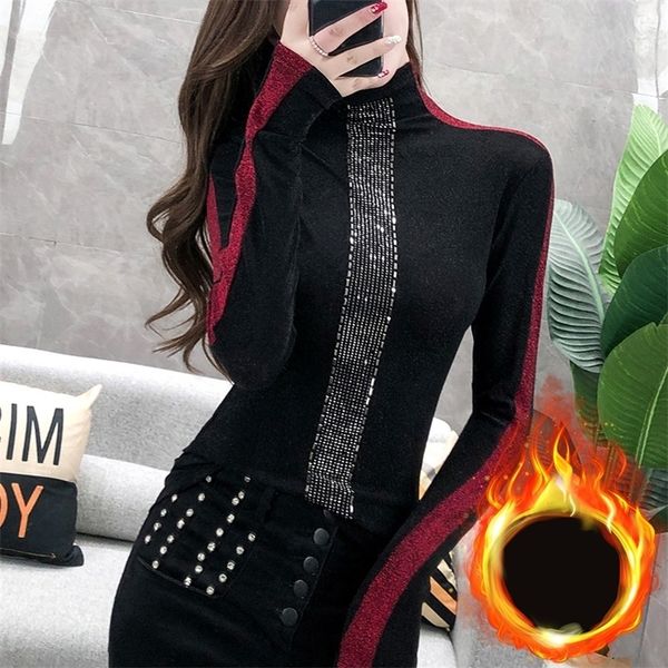 

fashion shiny patchwork diamonds beading t shirt new autumn winter clothes with fleece shirt camiseta mujer tees 210317, White