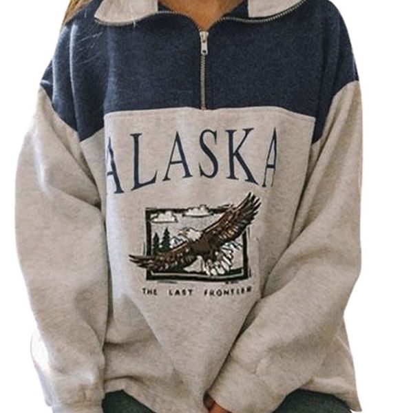 

oversized letter alaska sweatshirt women fashion vintage polo collar casual pullovers winter warm cotton spring autumn 220324, Black