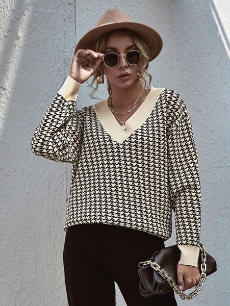 

v-neck drop shoulder houndstooth pattern sweater s4rz#, White;black