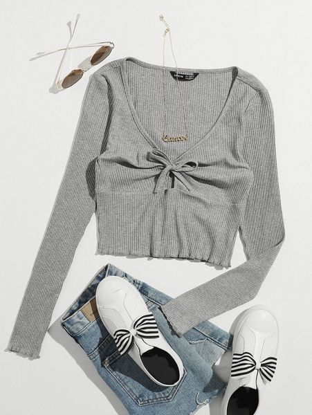 

lettuce trim knot front rib-knit tee 238s#, White