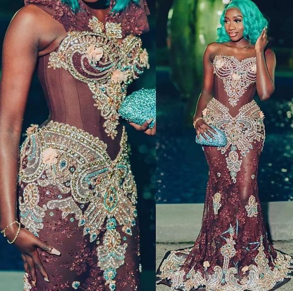 Plus Size Arabo Aso Ebi Lussuoso 2022 Sirena di pizzo Abiti da ballo Perline Cristalli Serata formale Festa Secondo ricevimento Compleanno Abiti di fidanzamento Dres B0702