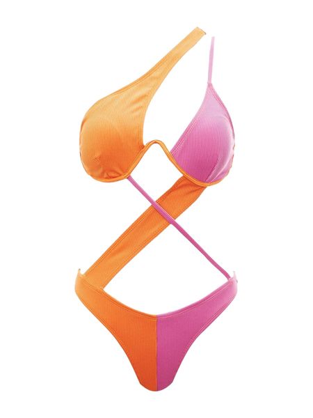 

two tone crisscross front one shoulder push up monokini 745l#, White;black