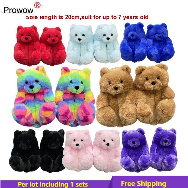 

prowow kids teddy bear plush slippers cartoon cute bear warm house slipper furry faux fur slides baby furry shoes d1, Black
