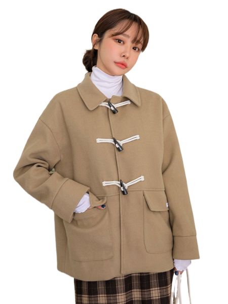 

dazy flap pocket drop shoulder duffle overcoat 66g9#, Black