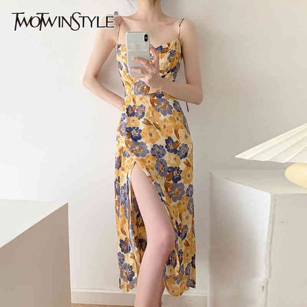 

vintage side split summer dress for women square collar sleeveless high waist print floral sling dresses female 210423, Black;gray