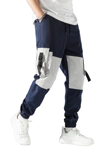 

men colorblock slant pocket drawstring waist pants i26u#, Black