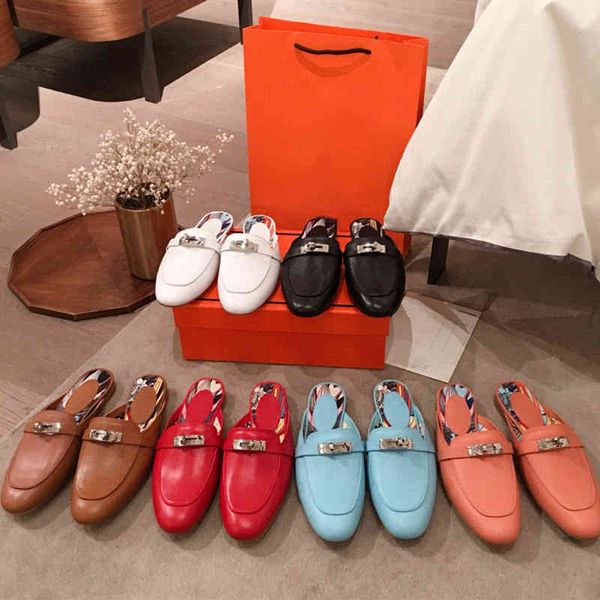 

slippers h family metal buckle real leather bag head flat bottom half trailer female round versatile external wearing muller mop 6m9z, Black