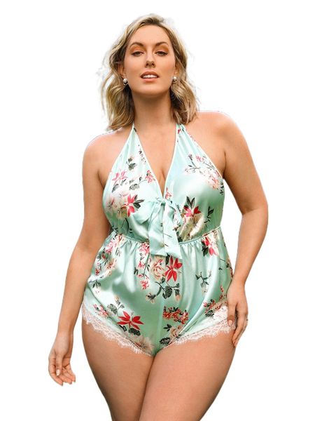 

plus floral print eyelash lace trim knot front satin sleep romper h30f#, Black;white