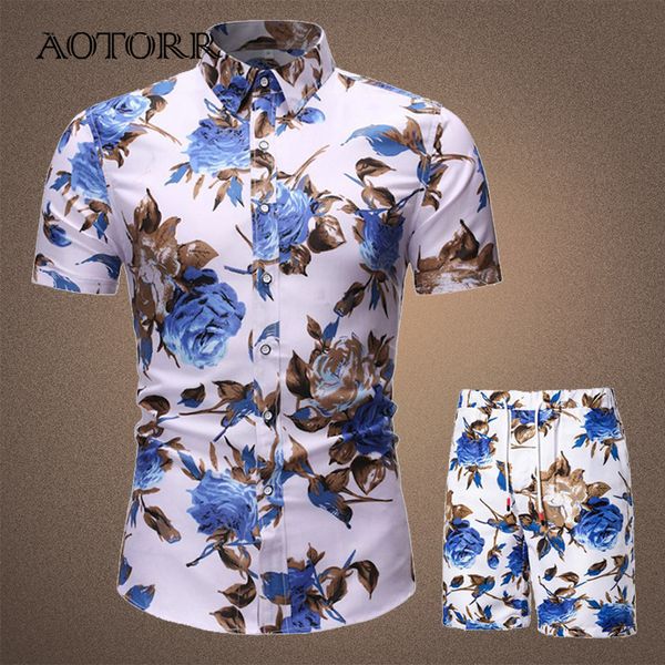 

tracksuit men summer beachwear floral printing men's sets hawaiian style short sleeve button shirt shorts set streetwear 220620, White;black