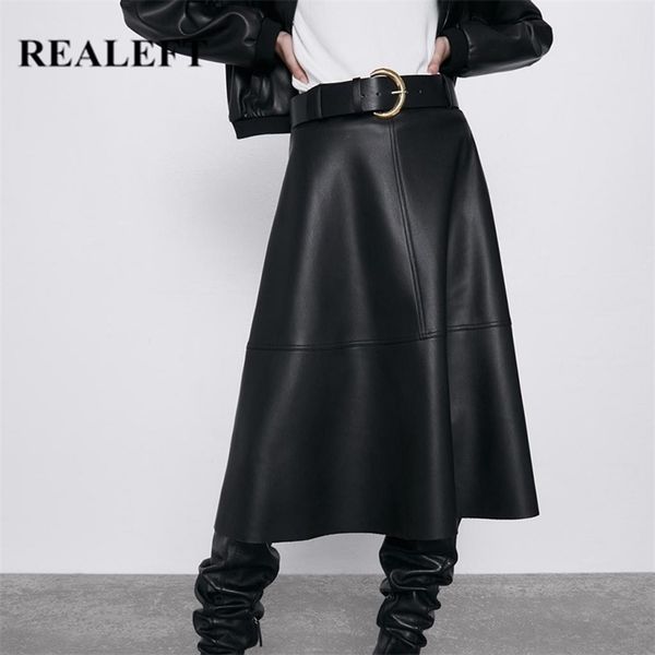

realeft autumn winter pu faux leather long skirt with belt high waist vintage a-line skirt chic mid-calf umbrella skirt 210315, Black