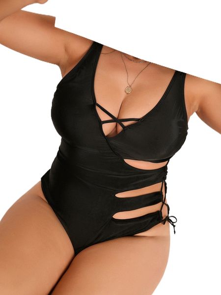 

plus cut out crisscross lace up side one piece swimsuit n50p#, White;black