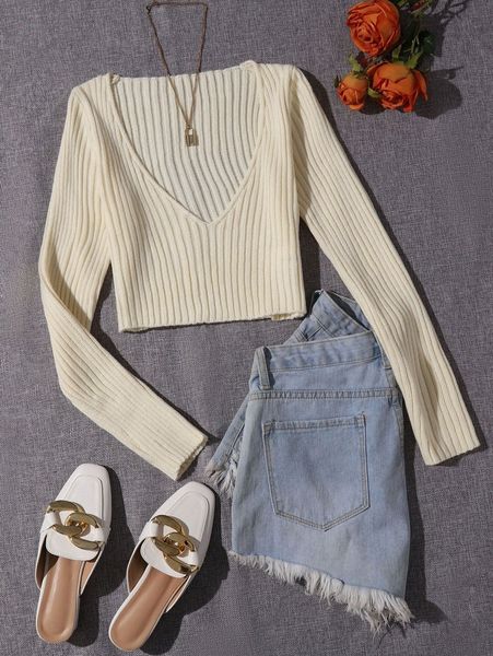 

rib knit v-neck crop sweater u2uw#, White;black