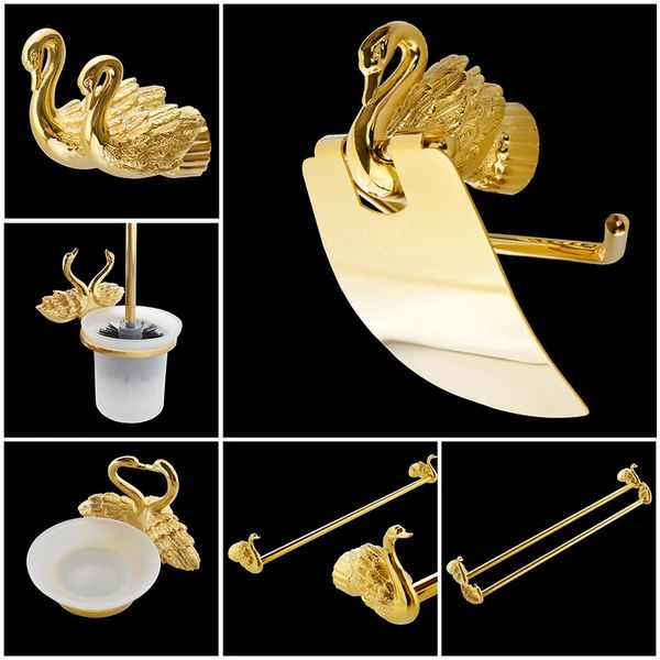 Badezimmer-Zubehör, Bad-Hardware-Set, goldene Farbe, Schwan, Toilettenpapierhalter, Handtuchhalter, Taschentuchhalter, Rollenpapierhalter, MB-0969A 220624