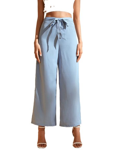 

solid high waist tie front wide leg pants p2pr#, Black;white