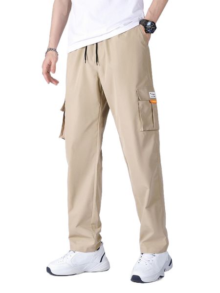 

men letter patched detail flap pocket drawstring waist cargo pants f2qs#, Black