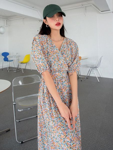 

dazy ditsy floral puff sleeve knot side dress i0by#, Black;gray