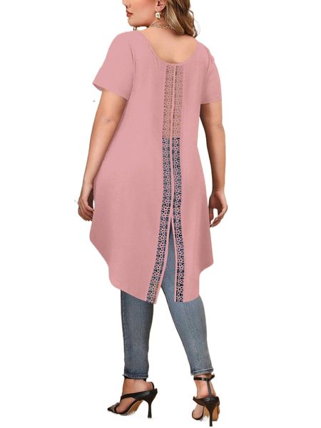 

plus contrast guipure lace split back high low hem tee t5ty#, Black