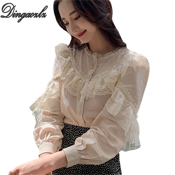 

dingaozlz fashion long sleeve lace elegant female lace stitching casual blouse new korean women shirt lj200812, White
