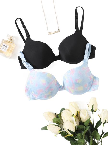 

2pack tie dye super push up bra set o9k6#, Black;red