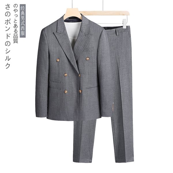

men's suit new solid color casual slim business striped double-row two-button suit two-piece professional formal wear, White;black