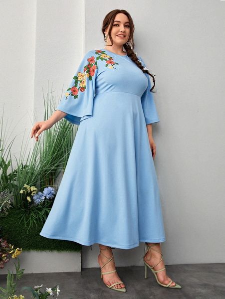 

plus floral print flounce sleeve dress r44f#, Black