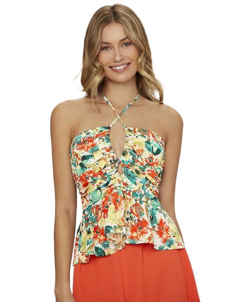 

allover floral print tie backless ruched peplum halter z38r#, White