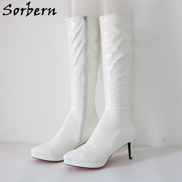 Sorbern Weiße, glänzende, kniehohe Stiefel, US9, niedrige Kitten-Heels, spitze Zehen-Plateauschuhe, individuelle Beinweite oder schmale Passform, Größe Eu33–48