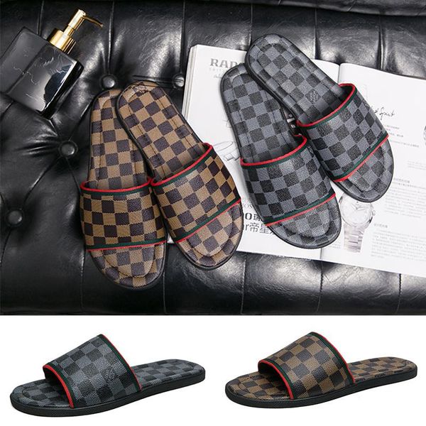 

slippers designer genuine leather men luxury checkered pattern brand slides black brown beach flip flop outdoor indoor flat fashion sandals