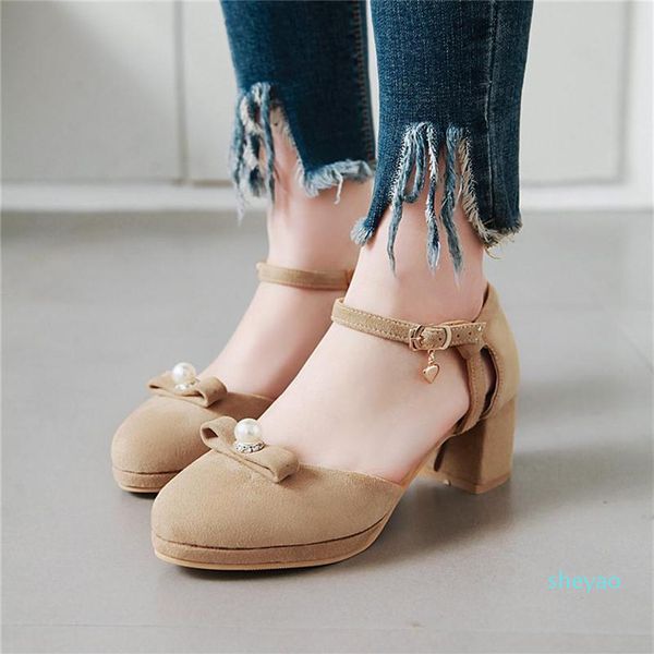 

dress shoes summer flock ankle strap women high heel lolita bead bowtie block heels, Black