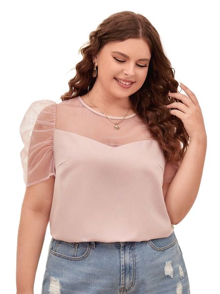 

plus puff sleeve mesh panel blouse r32i#, Black