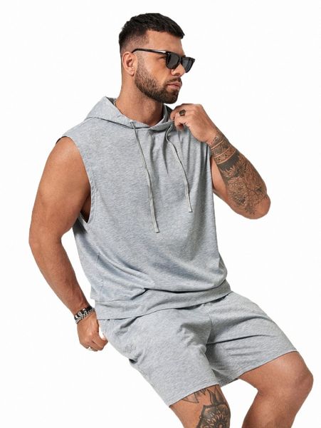 

extended sizes men hooded neck sweatshirt & shorts z4dt#, Gray